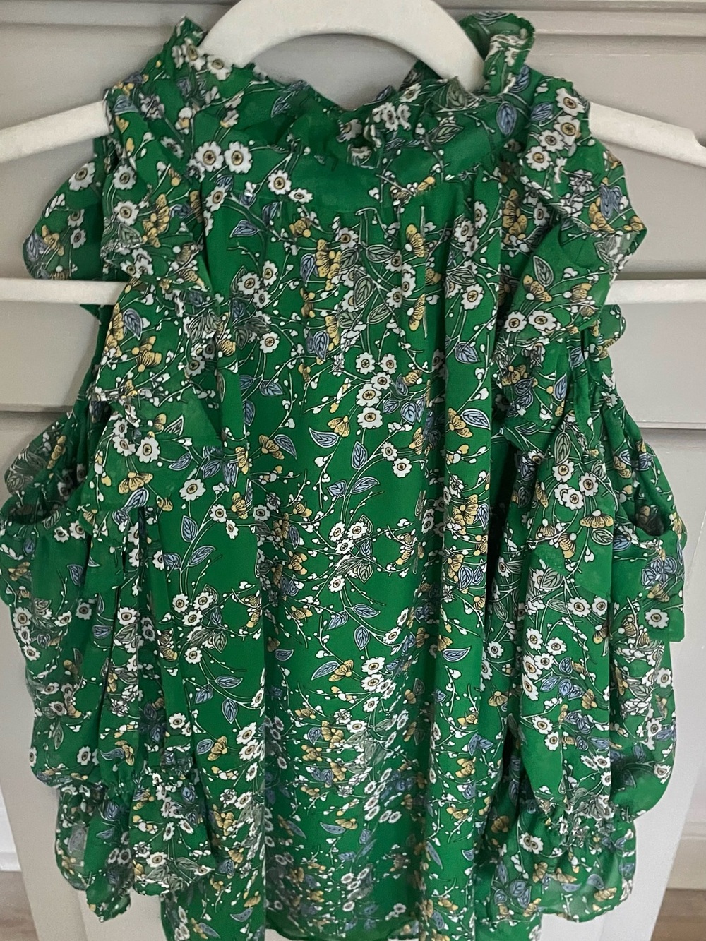 Green Floral Ruffle Cold-Shoulder Blouse with Lining